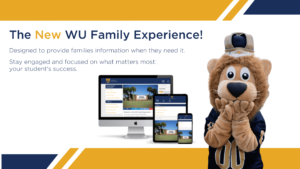 Duke the lion introducing the new WU Family Experience Portal