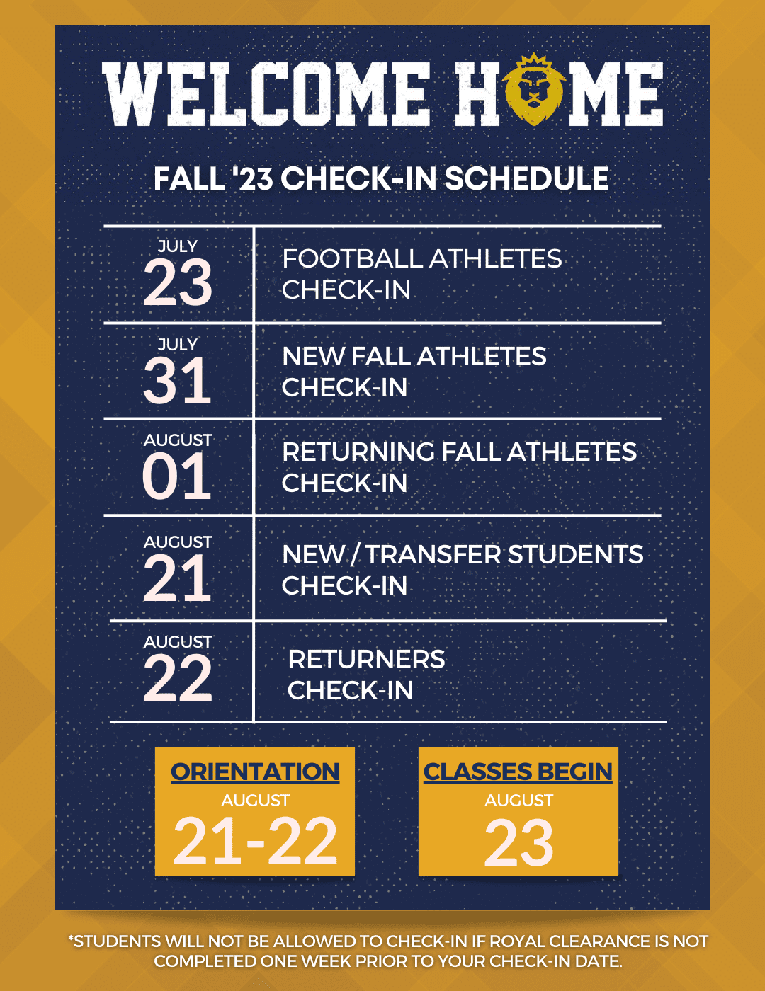 Check In Schedule Fall 23 4 Warner University Check In Schedule for Fall '23.</p>
<p>July 14 - Football Athletes Check In<br />
July 24 - New Fall Athletes Check In<br />
July 25 - Returning Fall Athletes Check In<br />
August 14 - New/Transfer Students Check In<br />
August 15 - All Returning Students Check In