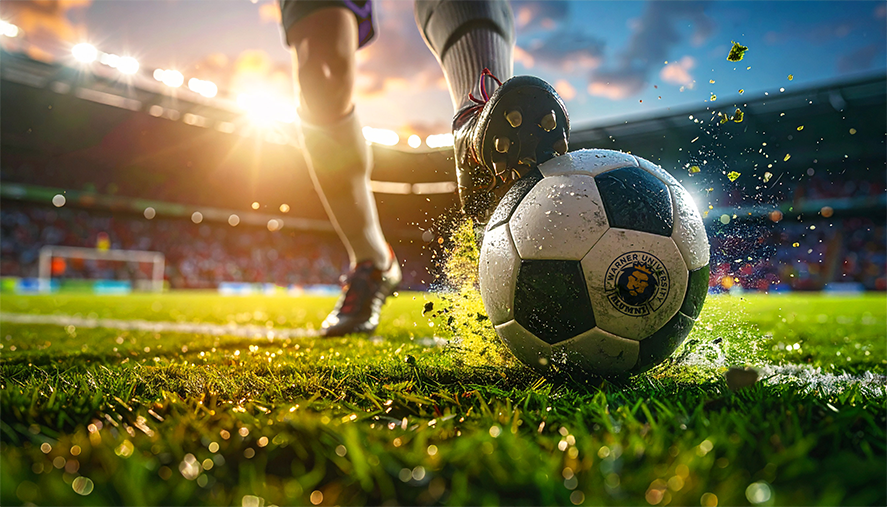Soccer player stopping ball on pitch.